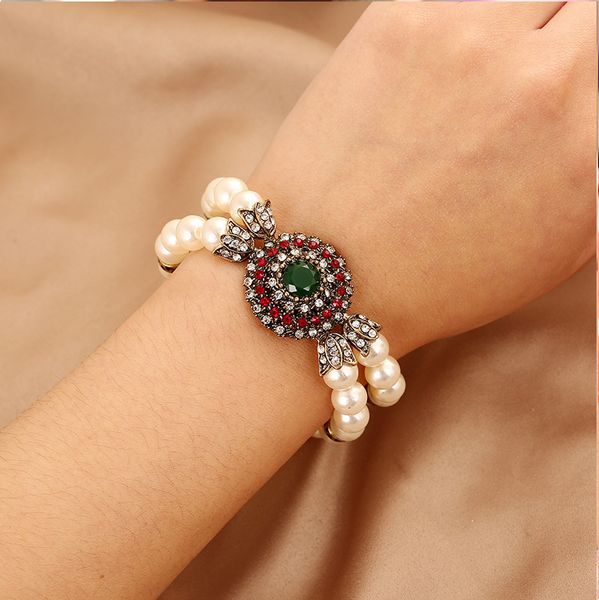 

2019 vintage luxury pearl flower bracelets handmade bling crystal charm bracelet femme ethnic fashion jewelry women mother gift, Golden;silver