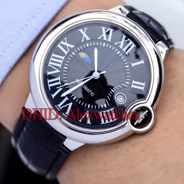 

luxury mens watches car ballon classic fashion mechanical automatic watch 316l stainless steel case leather band moon phase men wristwatches, Slivery;brown
