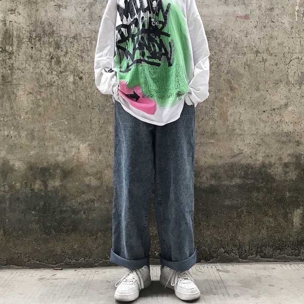 

harajuku hip hop straight jeans women men loose high waist denim pants boyfriend slouchy trousers female streetwear simple, Blue
