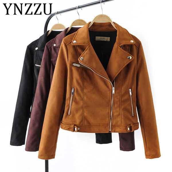

ynzzu 2019 autumn winter suede leather jacket women solid turn down collar long sleeve motorcycle biker jackets coat a1020, Black