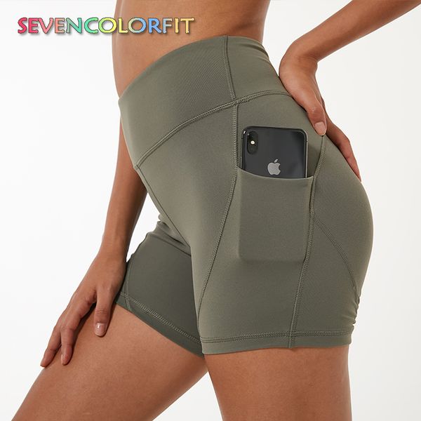 

sevencolorfit yoga shorts with pocket for women high waist short sport gym fitness workout exercise tight althletic shorts, White;red