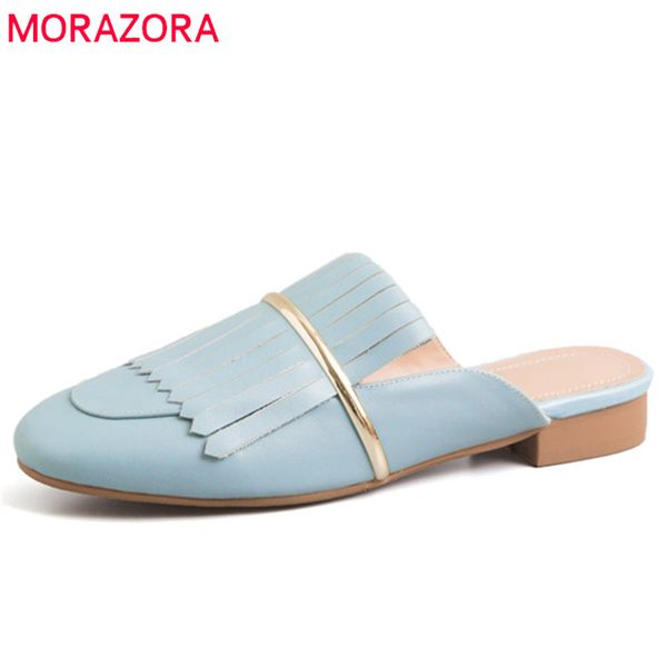 

morazora 2019 cow leather shoes women slipper round toe fringe summer shoes simple fashion casual woman, Black