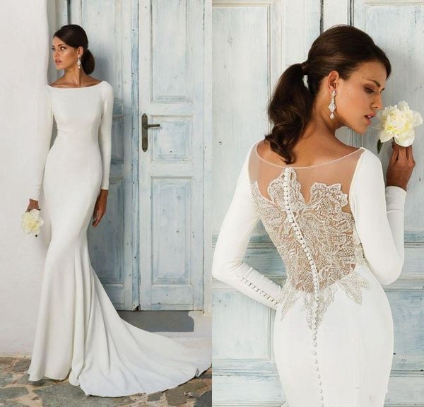 

new elegant satin mermaid wedding dresses bateau neck lace appliqued back long sleeve bridal gowns custom made beach wedding dress plus size, White