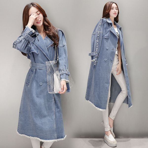 

2019 spring and autumn new long section korean women's waist waist denim windbreaker fashion jacket, Tan;black