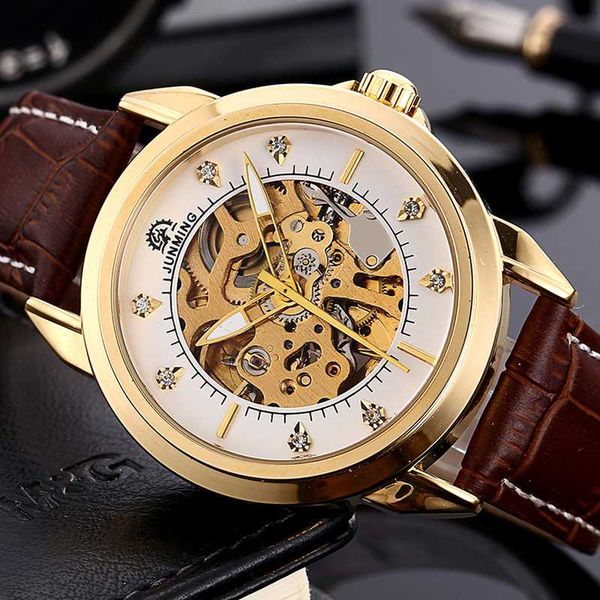 

fashion gold hollow dial men's wristwatch casual brown leather strap waterproof automatic mechanical men's watches gifts for men, Slivery;brown