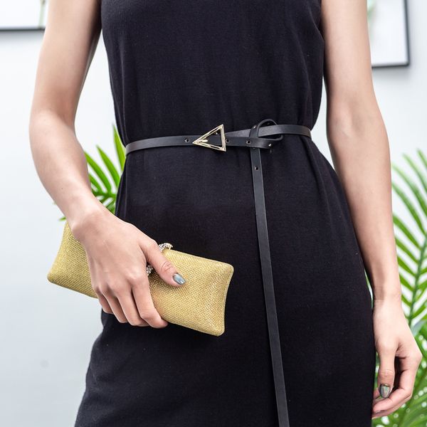 

new women leather small knot thin belt metal round triangle buckle waist belts ladies dress decorative waistband, Black;brown