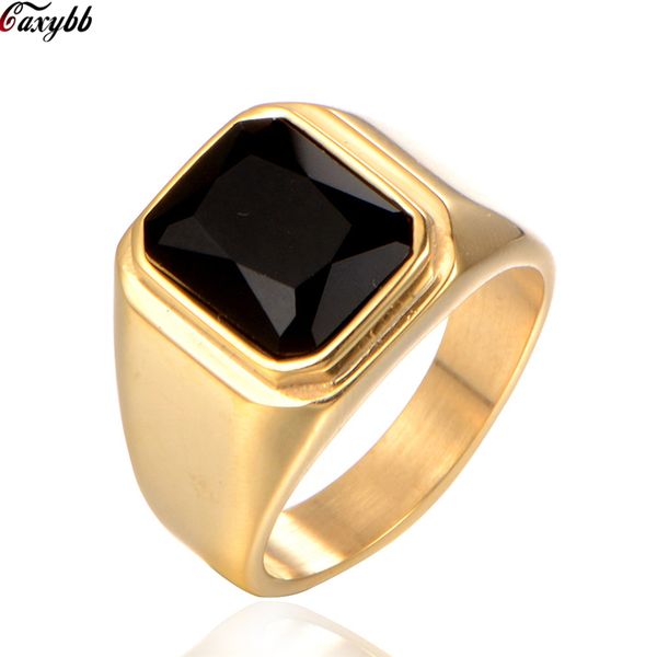 

hip hop titanium steel ring big black stone square ring men silver gold color for male jewelry vintage wedding party gift, Slivery;golden