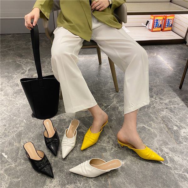 

2020 pleated slippers women 2020 spike heels mule summer slip on slides fashion pointed toe pump flip flops zapatos mujer, Black