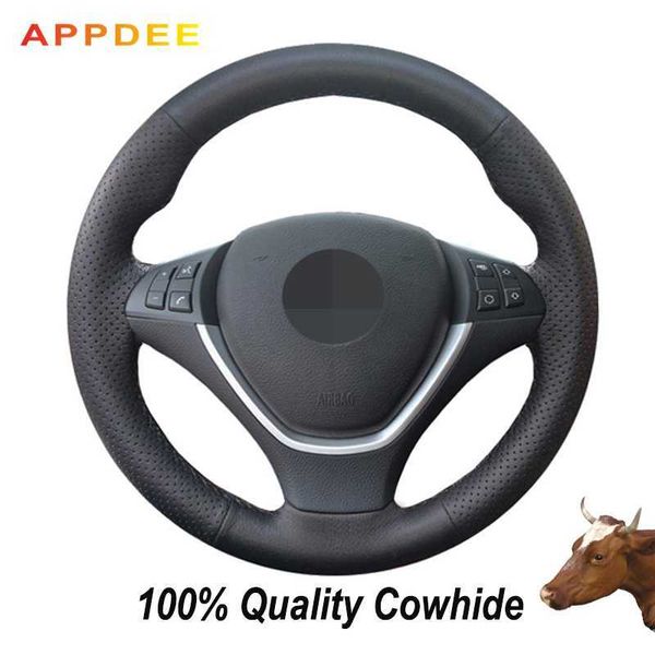 

appdee hand-stitched black genuine leather steering wheel cover for x6 e71 2008-2014 e70 x5 2008-2013