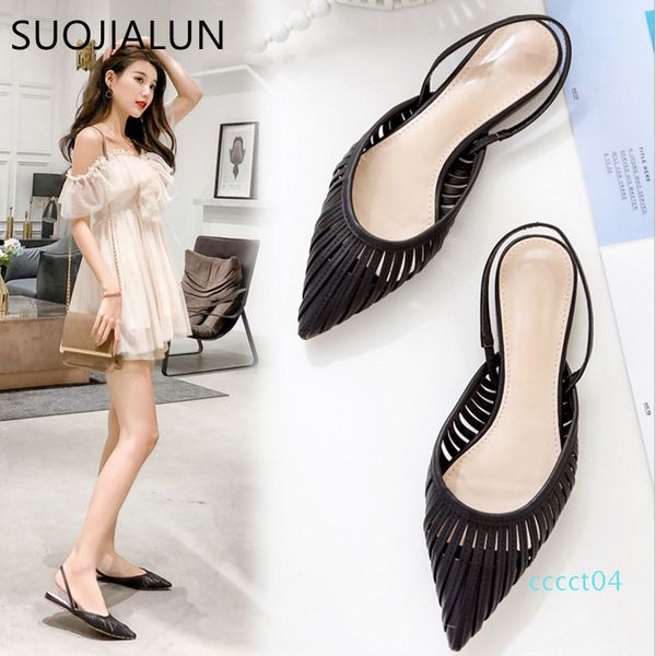 

suojialun 2019 new women flat sandals brand design pointed toe slip on sandal mule low heel strap dress women outdoor slides 04ct, Black