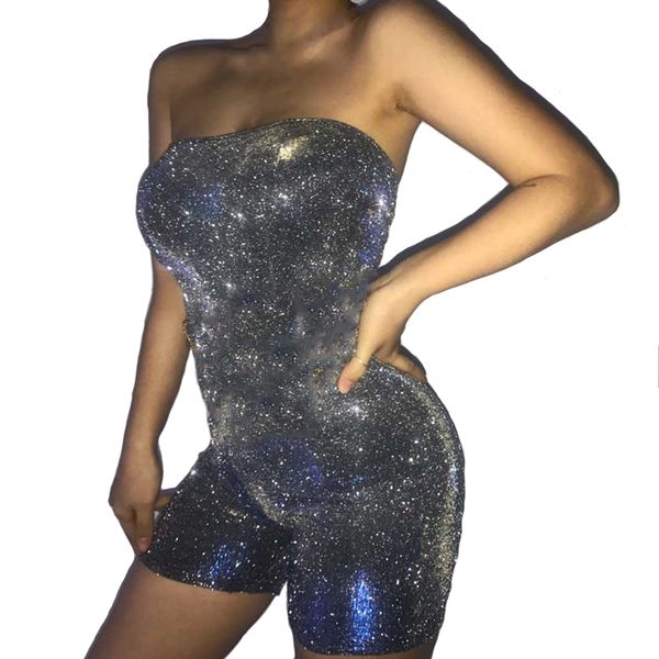 

sparkling women's casual off shoulder playsuits fashion bright jumpsuit glitering silver backless jumpsuit high quality, Black;white