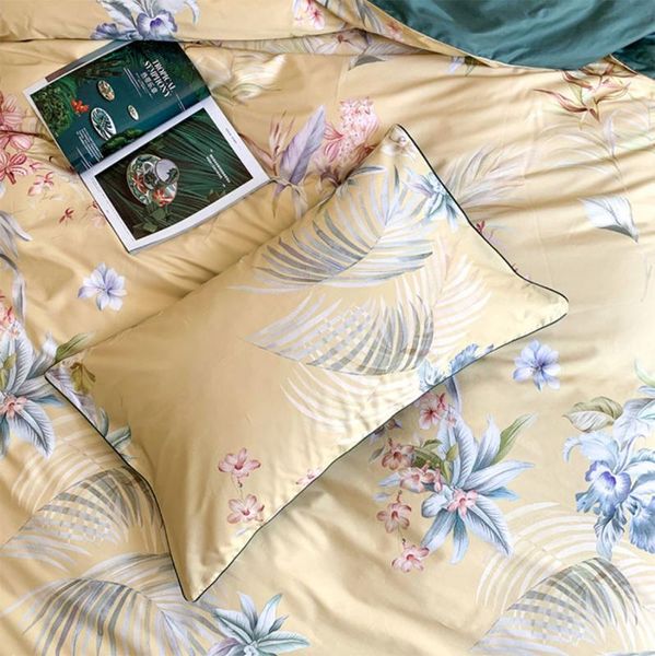 

bedding sets comfortable set,full  king cotton vintage yellow blue plant double home textile bed sheet pillow case duvet cover