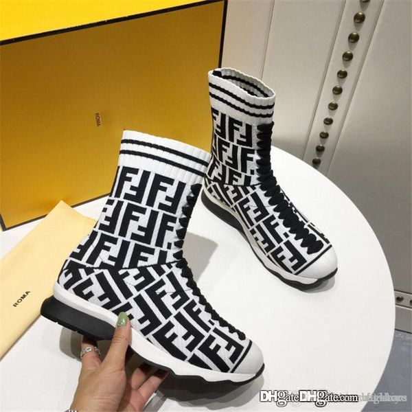 

2018fendi rockoko high sock sneaker striped think sock runner pull on boots fashion sneakers with box, Black