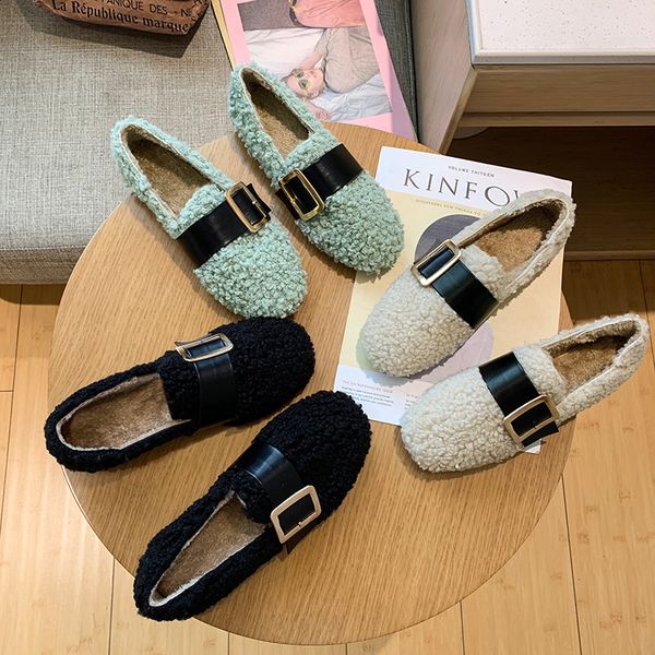

autumn women round toe 2019 fashion women's shallow mouth casual woman platform shoes loafers fur buckle strap flats fall modis, Black