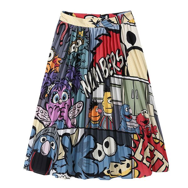 

2019 women spring summer fashion ptinted cartoon skirt street wear empire flare pleated midi skirt female a line skirt, Black;gray