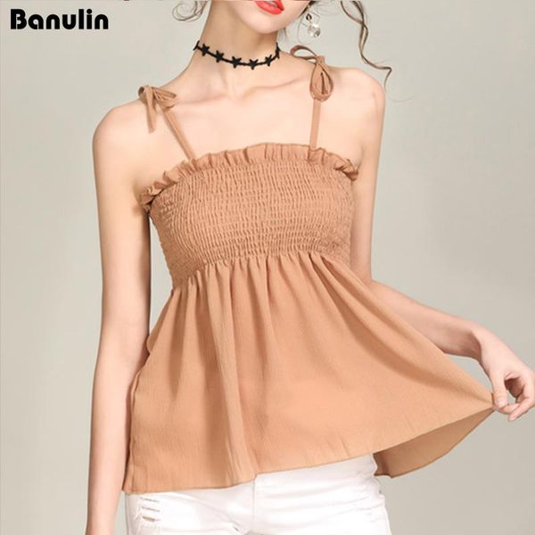 

off shoulder tank pleated adjustable strapless halter summer vest women ruffles big swing camisole femme elastic camisas, White