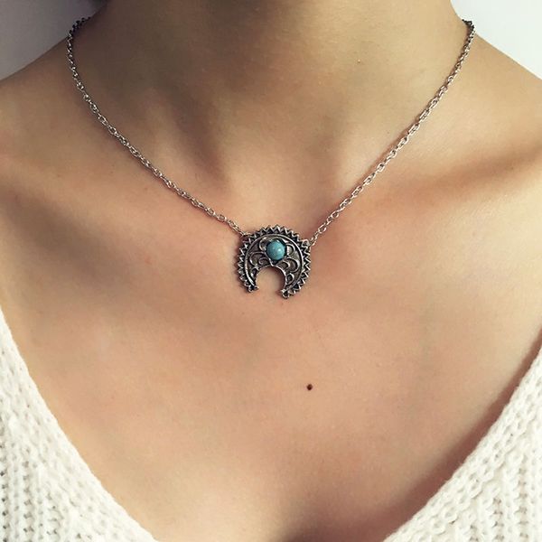 

этнические gypsy turquoise crescent moon подвеска ожерелье женщины bohemia серебряные цепи цветок тотем ключицы ожерелье vintage ювелирные и, Silver
