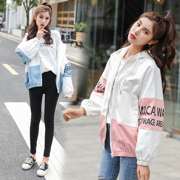 

2019 autumn new women's jacket korean fashion stitching letter printing thin section loose casual tooling coats zippers hooded, Black;brown