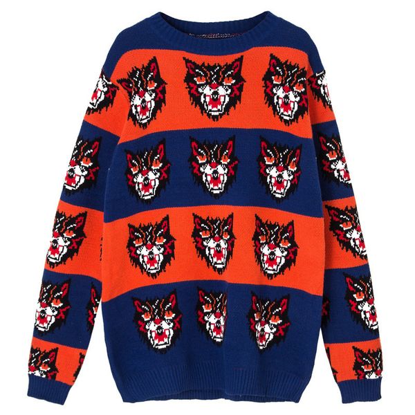 

2020 new cashmere sweater women loose orange blue striped tiger head knitted jumper luxury women designer sweaters plus size s-l, White;black