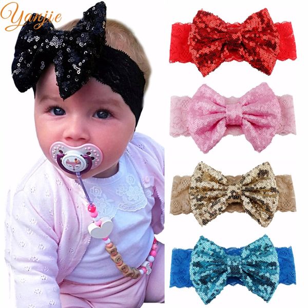 

1pc 5" sequins hair bows lace headband soft elastic sale solid headbands diy girls hair accessories for kids hair band, Slivery;white