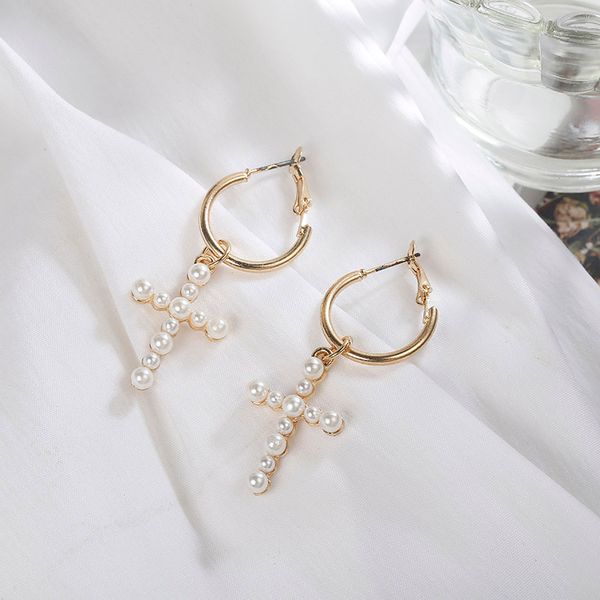

dangle & chandelier fashion women's cross drop earrings white imitation pearl brinco elegant gift jewelry wholesale, Silver