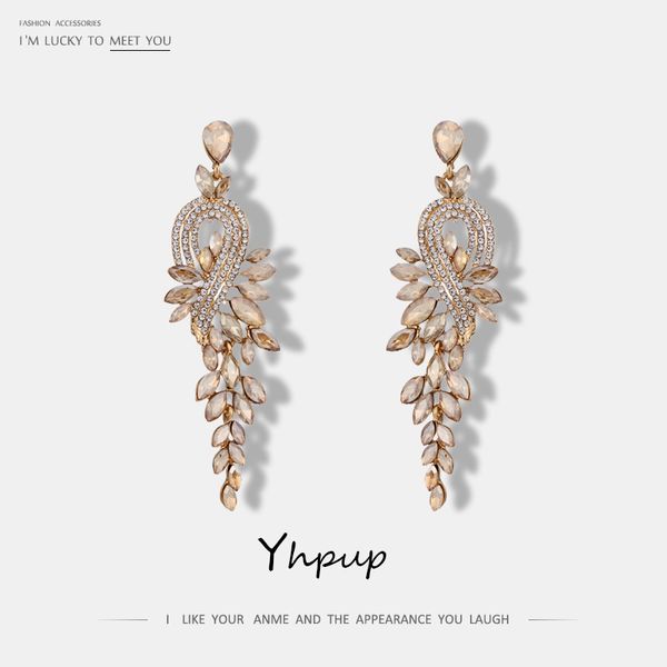 

yhpup elegant luxury leaves leaf rhinestone drop statement earring women bridal chandelier wedding party earrings bijoux brincos, Silver