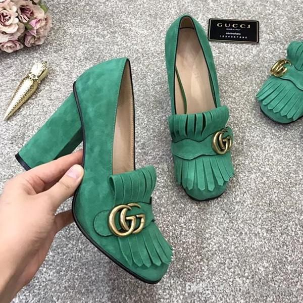 

2019 brand suede high heels pumps with g hardware detail on fold over fringe fashion women sandals, Black