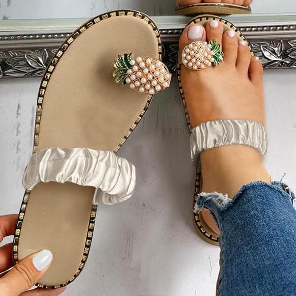 

women summer pearl flat sandals 2020 spilt toe slip on flip flops pineapple summer beach slides bohemian casual shoes slippers, Black