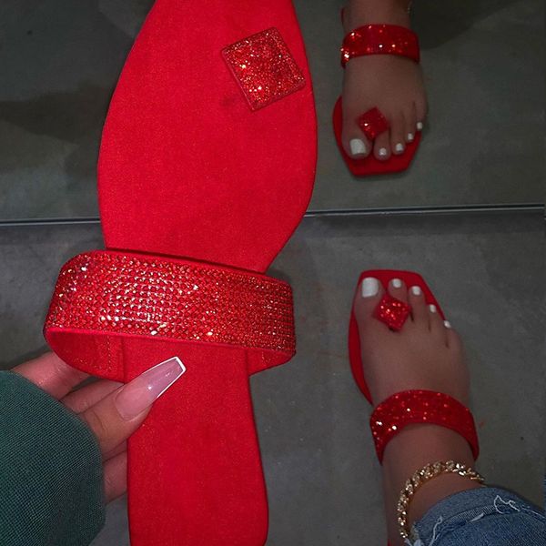 

bright diamond slippers spring/summer new 2020 single finger rhinestone candy color flat women sandals durable beach non-slip, Black