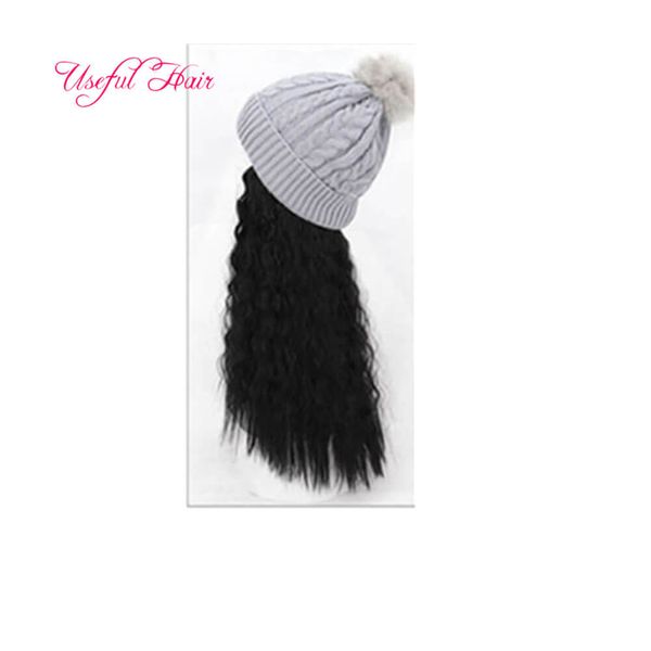 

knitted wool hat synthetic hair knitted wool hats long wavy hair cap women long straight wigs synthetic hair knitted wool beanie cap marley, Black