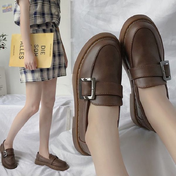 

2020 spring new leather round toe women casual flats leather shoes fashion ladies slip-on comfortable oxford shoes buckle whf, Black