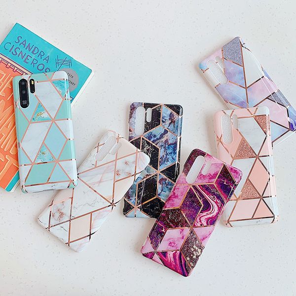 

geometric electroplated tpu cellphone marble case for huawei p30 pro p20 lite mate 30 pro 20 lite nova 4e samsung iphone back cover