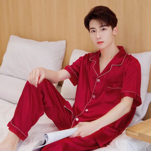 

spring new men satin pajamas set shirt&pant 2pcs casual sleepwear nightwear solid turn down collar pyjamas suit plus size 3xl, Black;brown