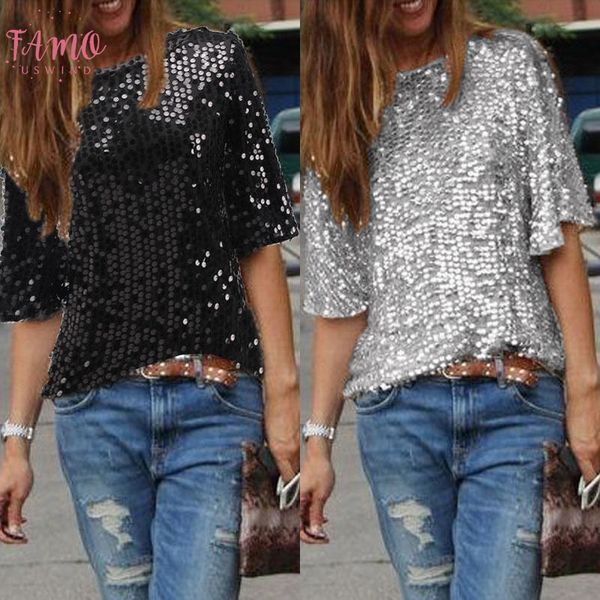 

regular fashion women summer loose half sleeve sparkle glitter blouse ladies casual loose sequined pullover blouse black sliver, White