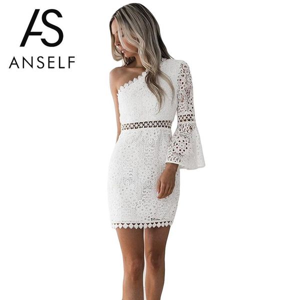 

anself 2019 new hollow out dress women elegant white lace dress one shoulder flare sleeve clubwear short club party dress, Black;pink