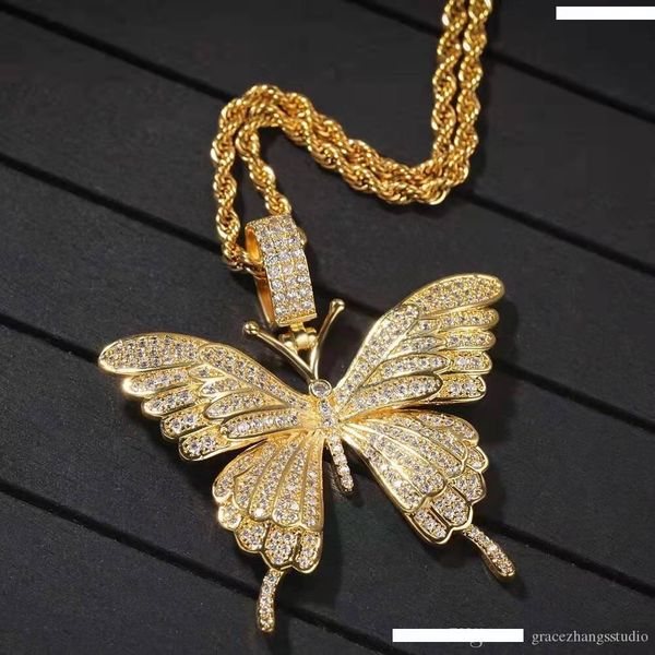

замороженный вне кулон ожерелье бабочки для мужчин женщин роскошь дизайнер bling алмазов животного подвески 18k позолоченные медные циркон ю, Silver