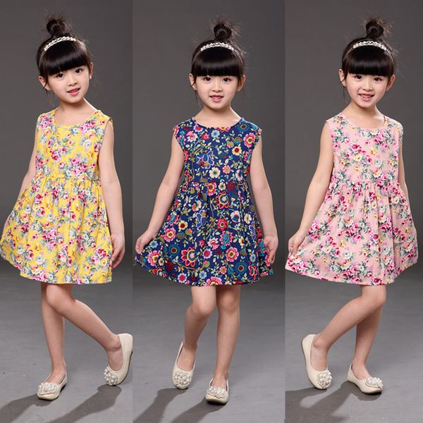 

11 colors baby girls sleeveless floral princess dress clothing children fashion printed casual cotton dresses kids designer clothes, Red;yellow