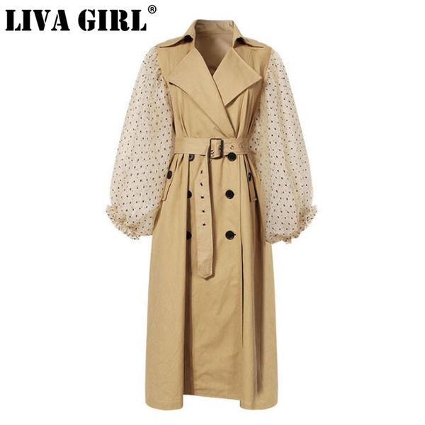 

liva girl 2018 new autumn winter lapel long puff sleeve sashes dot mesh stitching loose long windbreaker women coat fashion, Tan;black