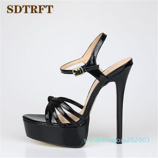 

sdtrft plus:45 46 47 48 women party sandals 2020 summer elegant 16cm thin high heels mujer dress shoes peep toe buckle red pumps s03, Black