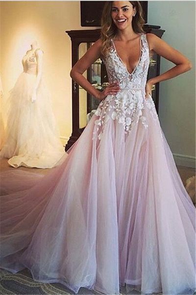 

2022 a-line wedding dresses pink tulle lace deep v neck white applique beaded backless court train ruffled robe de mariee vestidos de novia