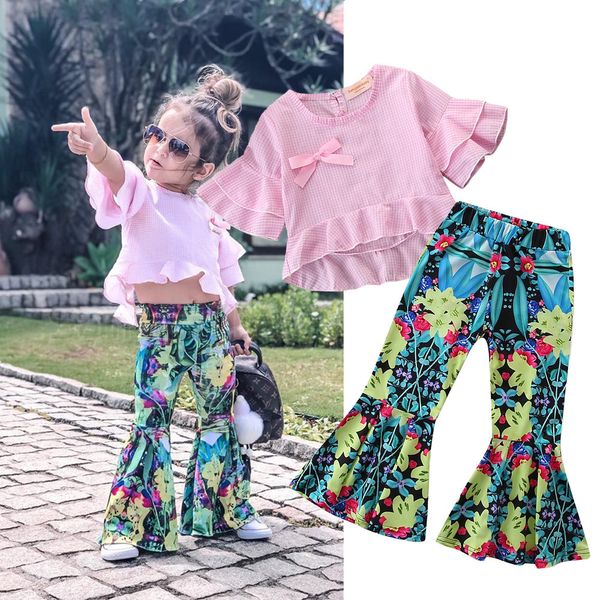 

kids outfits clothes girls 2019 pink plaid shirt + printed flared pants two piece summer set track suits designer tracksuits clothing sets, White