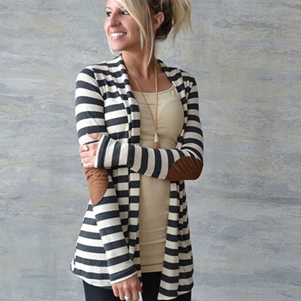 

wholesale price women's casual long-sleeved arm patches striped cotton blend cardigan jacket women's jackets, Black;brown
