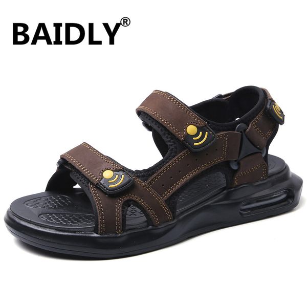 

summer genuine leather men's sandals handmade classic men slippers beach walking sandals outdoor roman men, Black