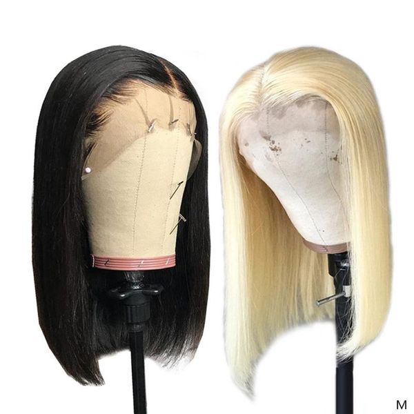 

13x4 613 honey blonde and 1b natural black bob wigs lace frontal remy human hair wigs short bleached knots glueless bob wig 150%, Black;brown
