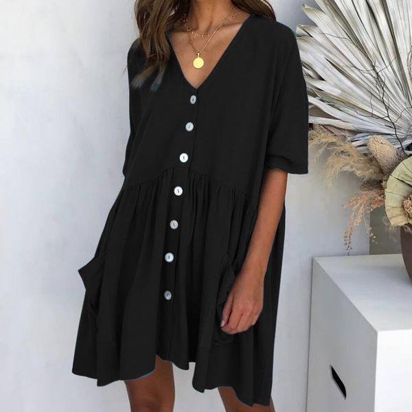 

new dress summer women's casual short sleeve v neck pocket button solid color dresses sale, Black;gray