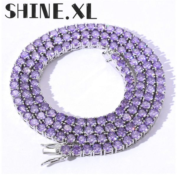 

4mm 1 row tennis chain purple zircon mens necklace hip hop jewelry gold color brass material men cz necklace link chain, Silver