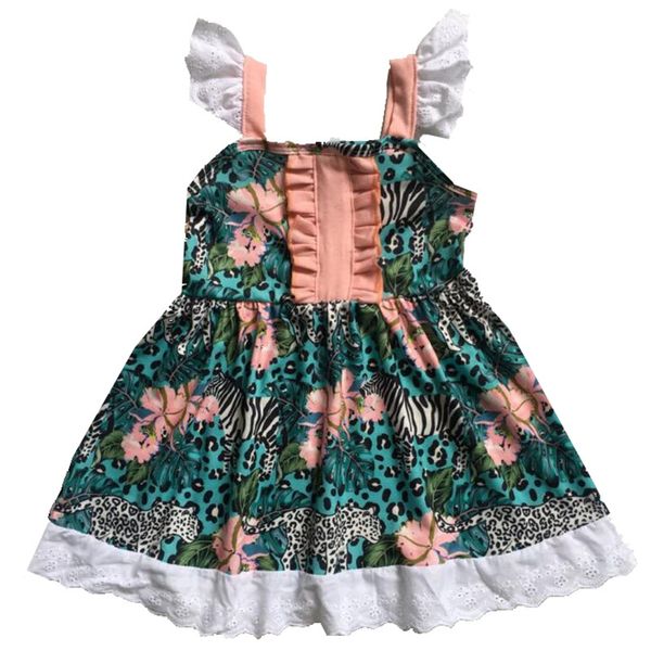 

girl's dresses baby girls summer dress leopard flower print pattern lace patchwork boutique sleeveless children clothes, Red;yellow