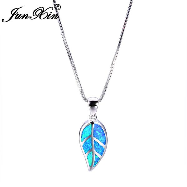 

junxin brand leaf design blue opal necklace 925 sterling silver filled necklaces pendants for women new fashion jewelry gift