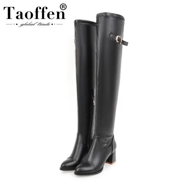 

taoffen plus size 34-45 2020 new arrival women long boots square heels zipper buckle office shoes woman over knee boots, Black