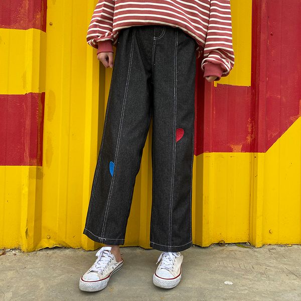 

2020 spring new japanese hit color love embroidery straight pants women elastic waist wild loose jeans girl harajuku college new, Blue